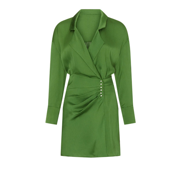 BA&SH Green Mini Shirt Dress XS Wrap Designer Cocktail Satin Ruched Holiday $340 - Picture 8 of 12